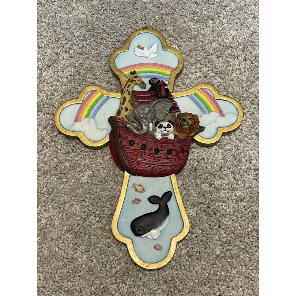 Nursery Decor Religious Wall Hanging Cross Noah’s Ark Resin Animals Spoontiques